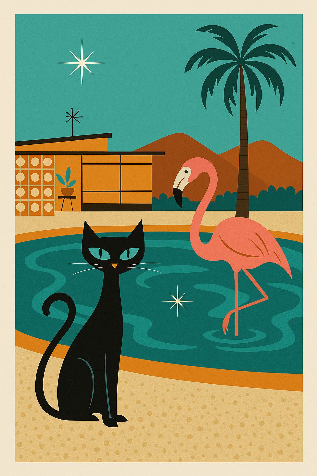 Atomic Cat & Flamingo Poolside Vibes – Mid-Century Modern Wall Art Poster