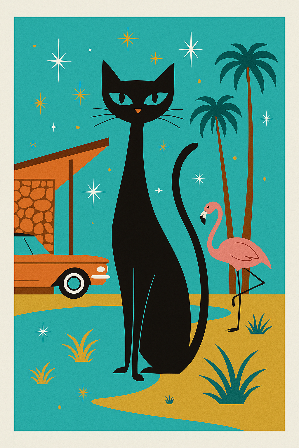 Atomic Cat & Flamingo Drive-In – Mid-Century Modern Wall Art Poster