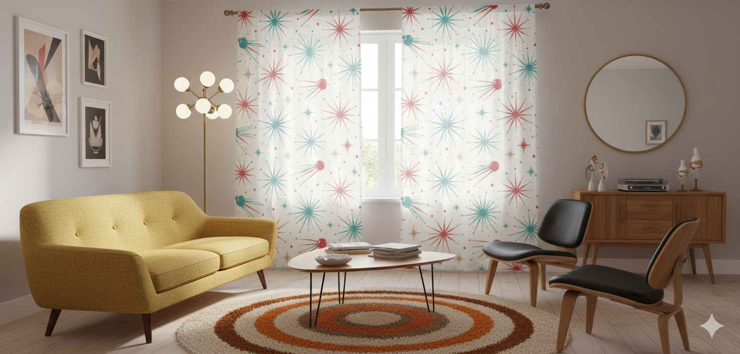 Mid-Century Starburst Sheer Window Curtain — Retro Atomic Space Pattern