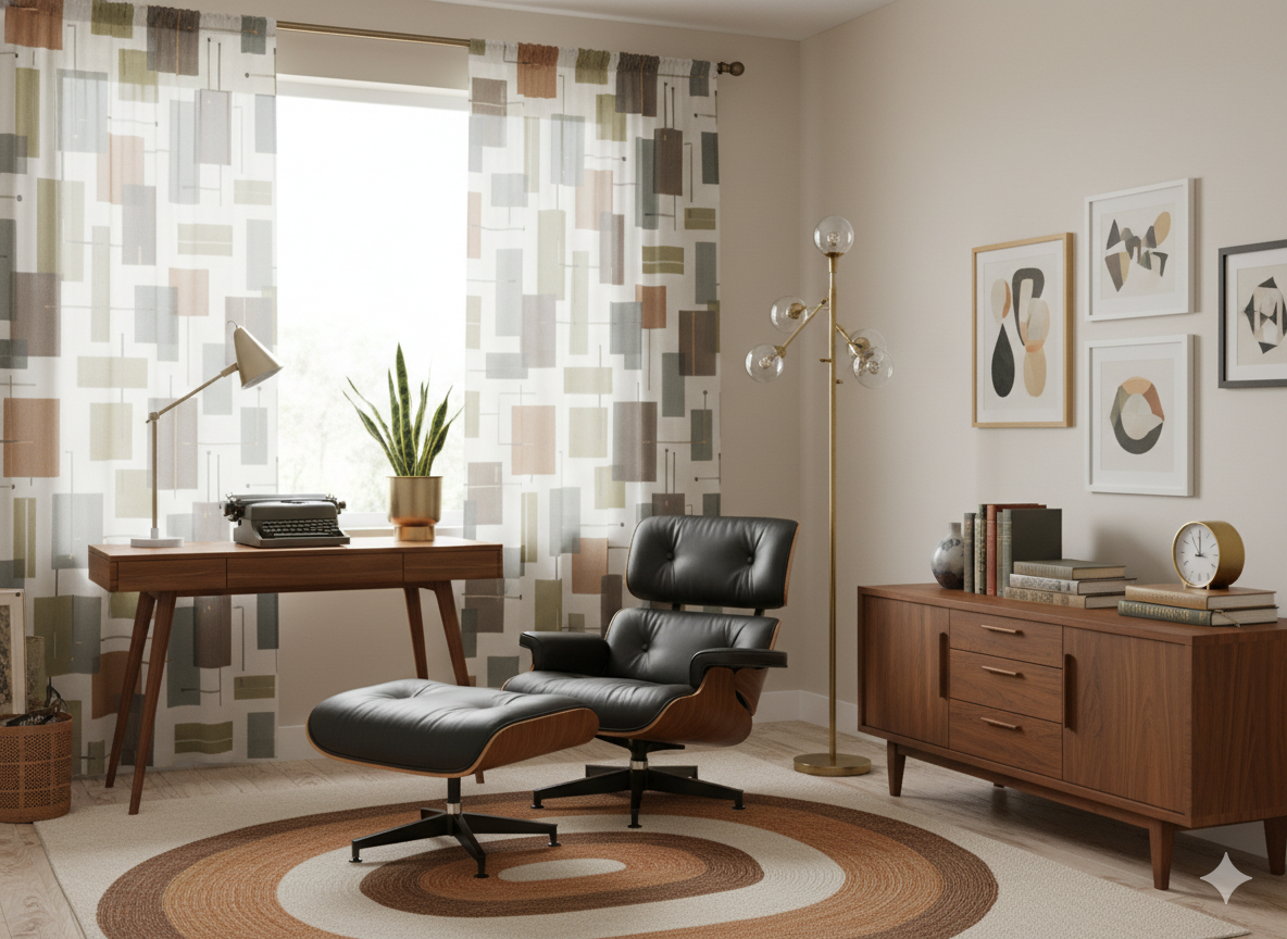 Mid-Century Bookworm Abstract Sheer Curtain Panel