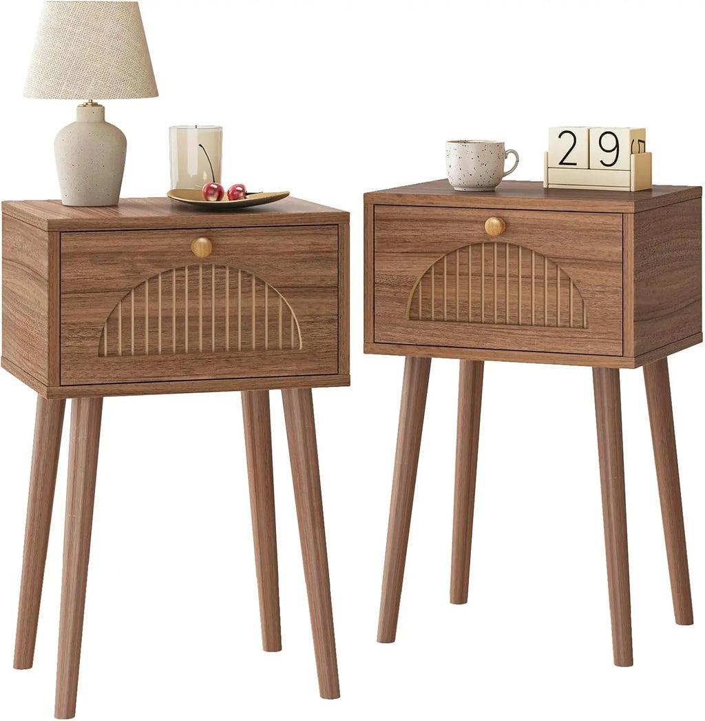 Fluted Walnut Nightstands (Set of 2)