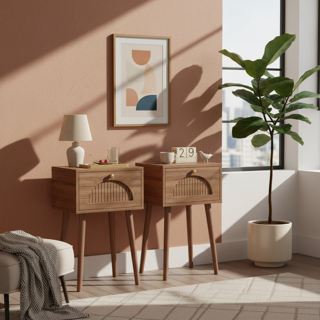 Fluted Walnut Nightstands (Set of 2)