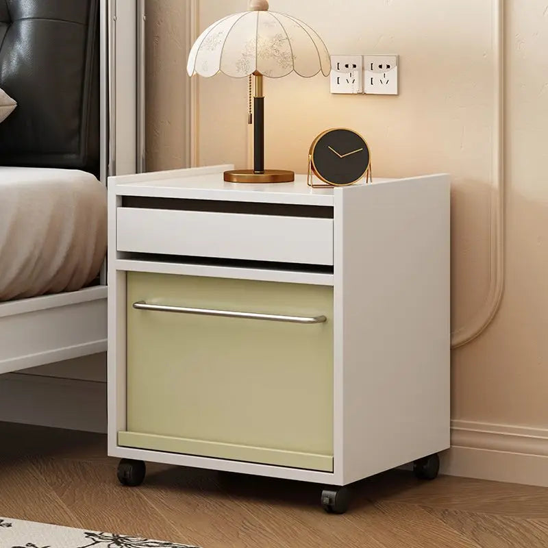 Mid-Century Modern Mobile Nightstand — Solid Wood Bedside Table with Rolling Storage