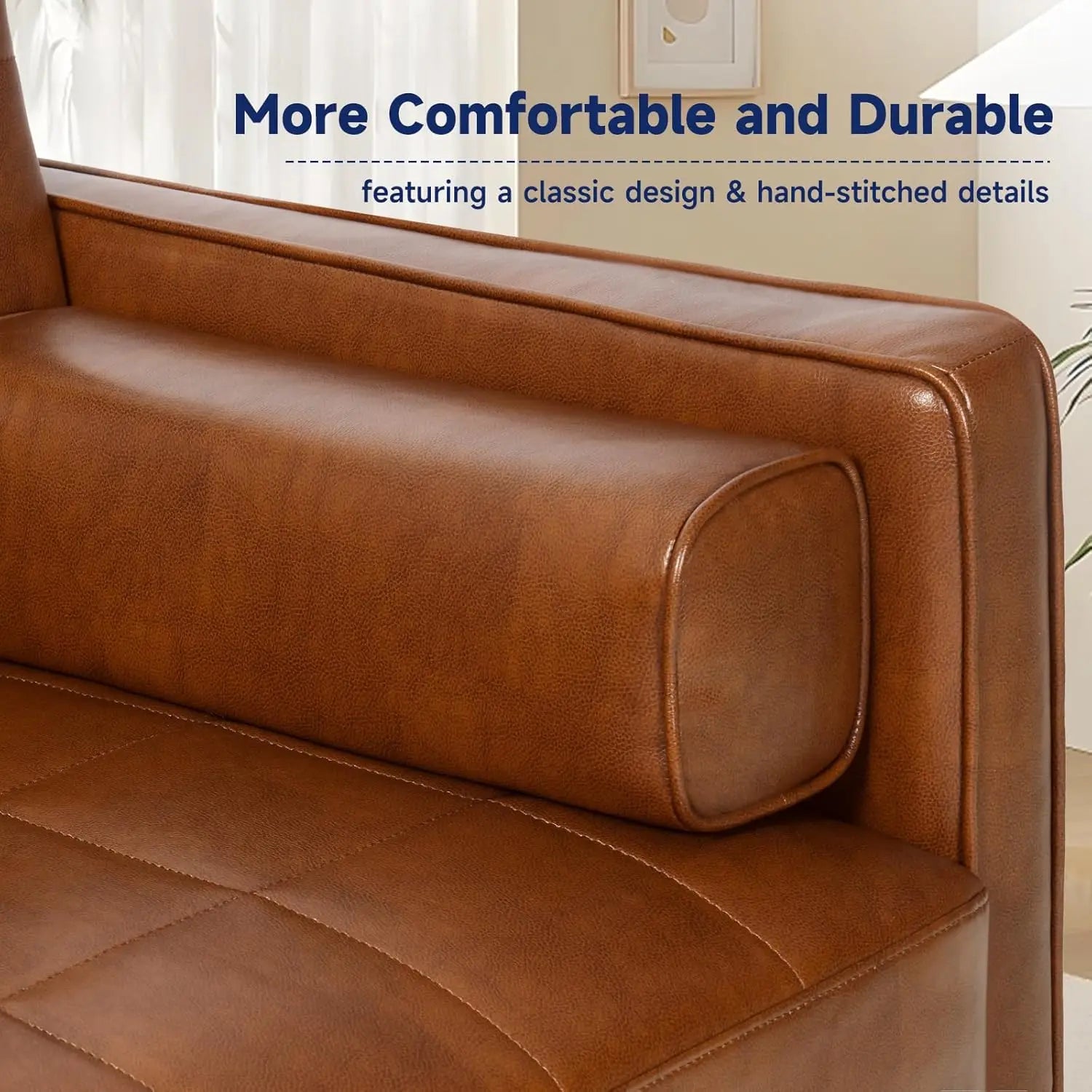 The "Draper" Mid-Century Modern Tufted Sofa | 70" Faux Leather Loveseat | Cognac Brown