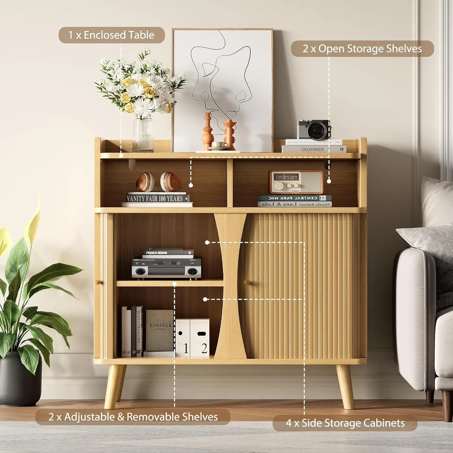 39" Mid‑Century Modern Buffet Sideboard Cabinet with Roller Shutter Sliding Doors & Adjustable Shelves (Oak)
