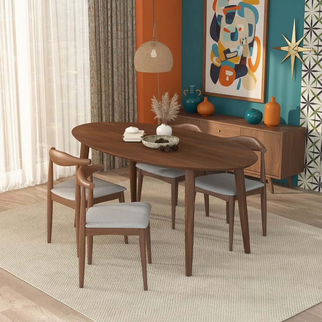 Mid‑Century Modern Solid Wood Walnut Oval Dining Table with 4 Side Chairs