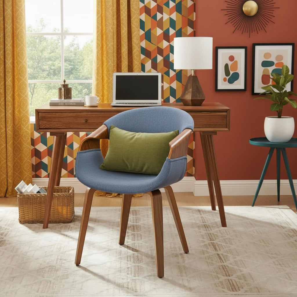 Mid-Century Modern Bentwood Desk Chair - Fabric Upholstered, No Wheels