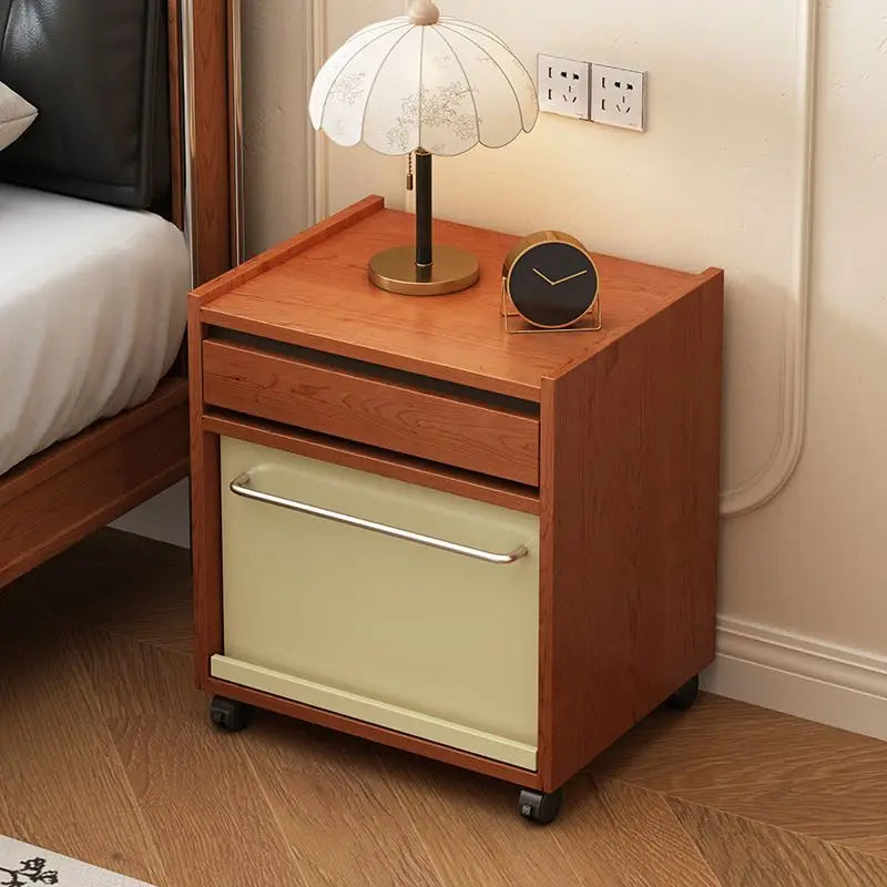 Mid-Century Modern Mobile Nightstand — Solid Wood Bedside Table with Rolling Storage