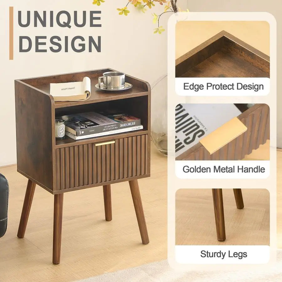 Fluted Walnut Mid‑Century Nightstand with Open Shelf