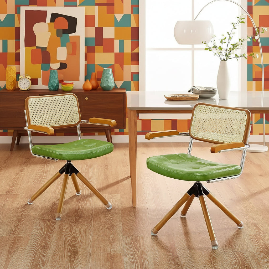 Mid-Century Modern Rattan Swivel Chairs - Set of 2, Green Faux Leather