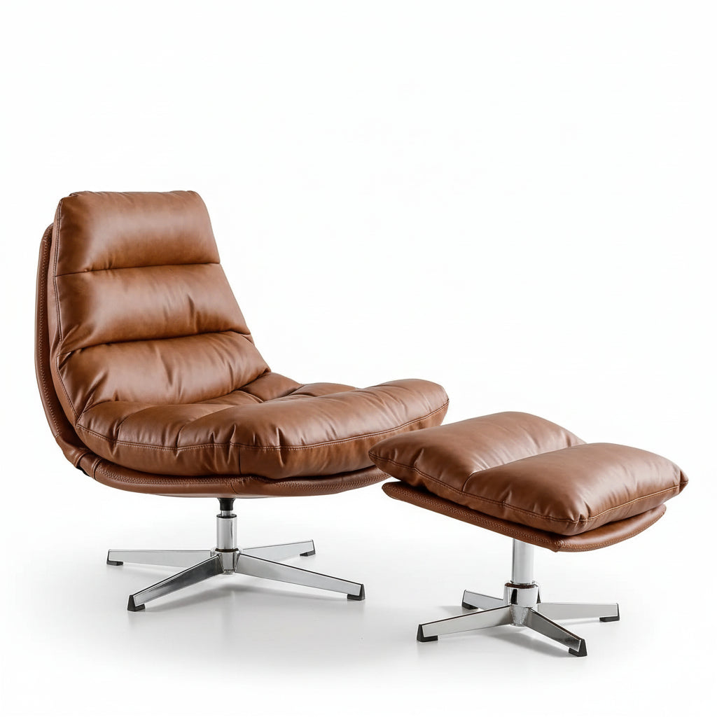 Iconic Mid-Century Modern Swivel Lounge Chair & Ottoman Set — Cognac Faux Leather