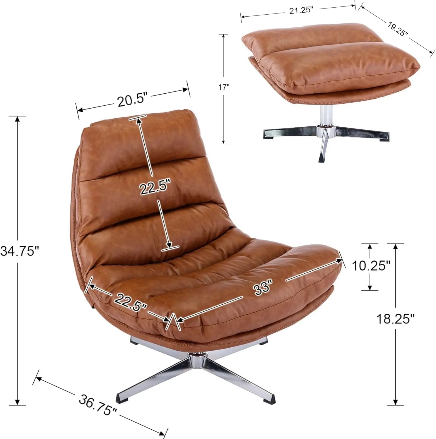 Iconic Mid-Century Modern Swivel Lounge Chair & Ottoman Set — Cognac Faux Leather