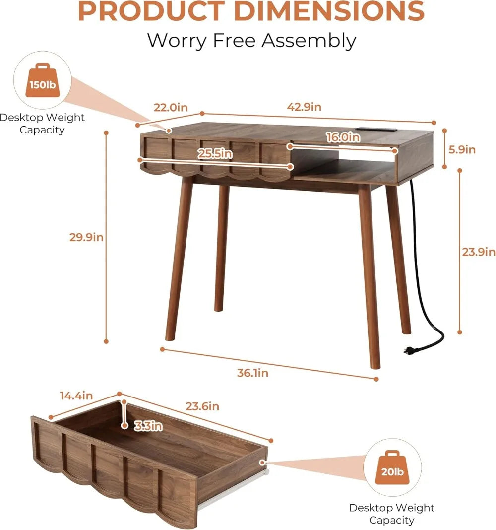 42.5" Mid-Century Modern Desk with Drawer & Open Storage