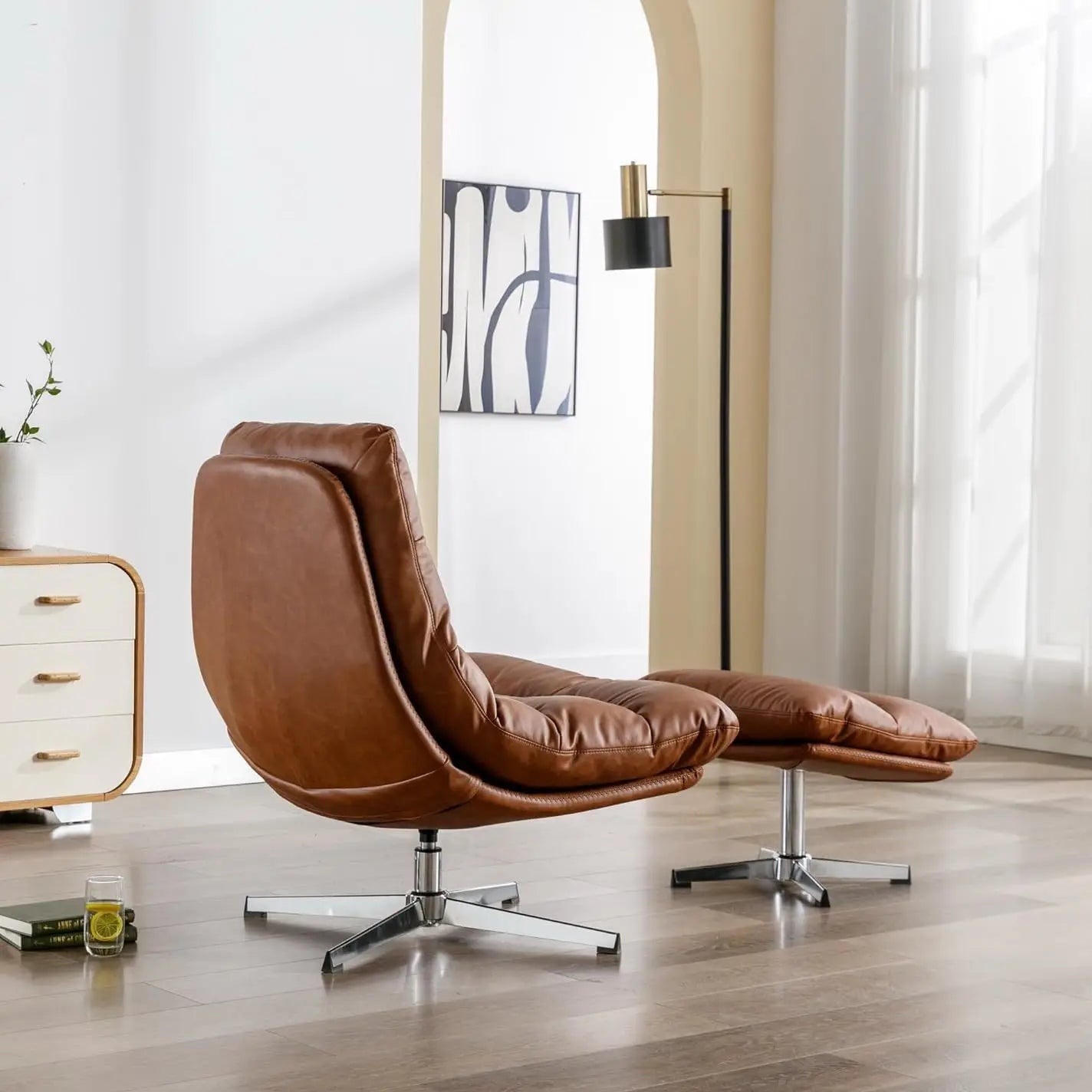 Iconic Mid-Century Modern Swivel Lounge Chair & Ottoman Set — Cognac Faux Leather
