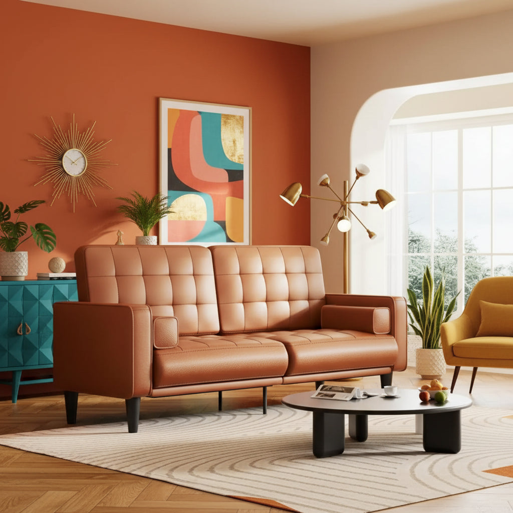 The "Draper" Mid-Century Modern Tufted Sofa | 70" Faux Leather Loveseat | Cognac Brown