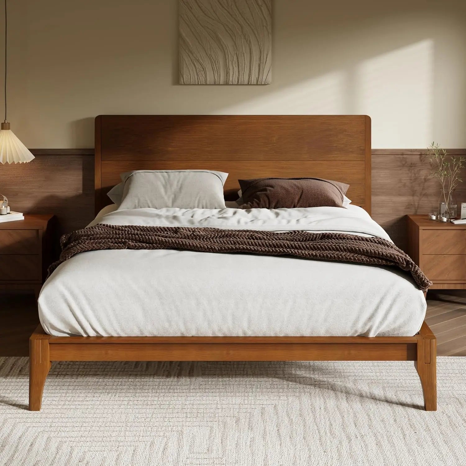 Mid‑Century Modern Bamboo King Bed Frame – Solid Support, Noiseless Design, 42.5" Headboard