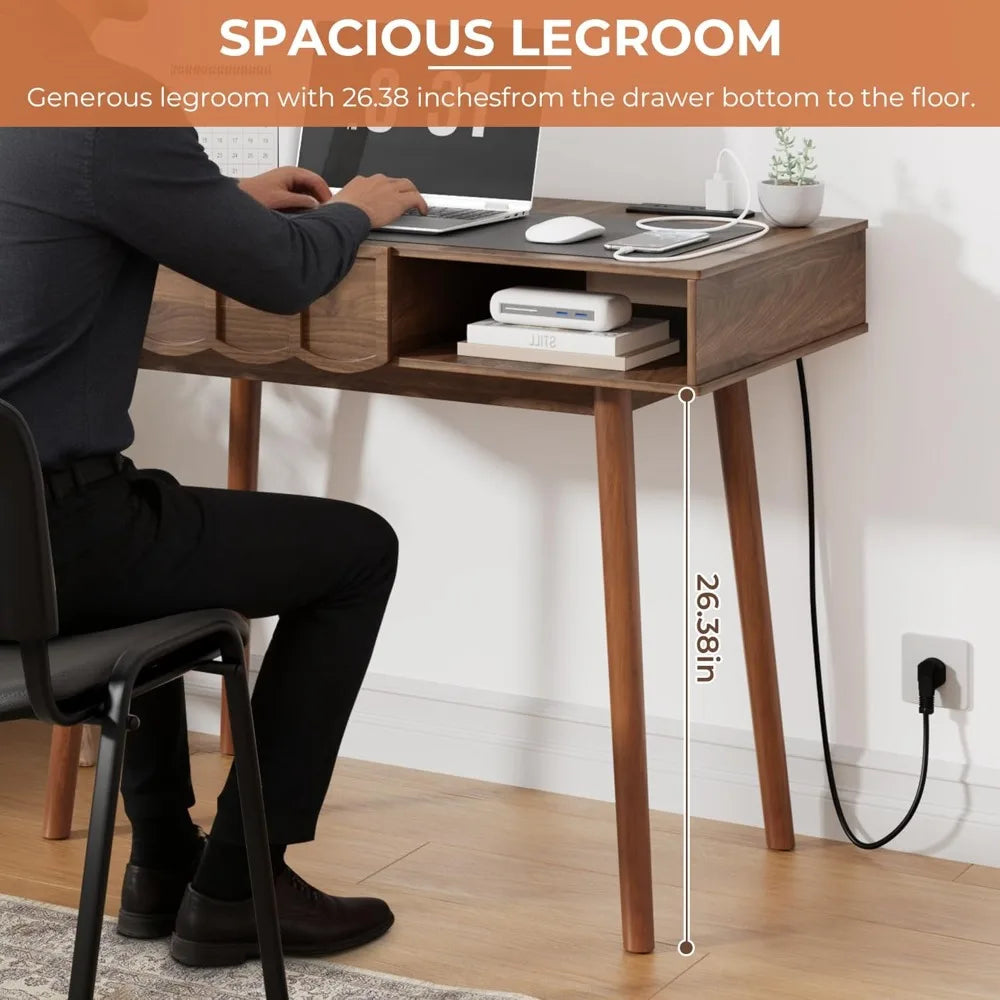 42.5" Mid-Century Modern Desk with Drawer & Open Storage