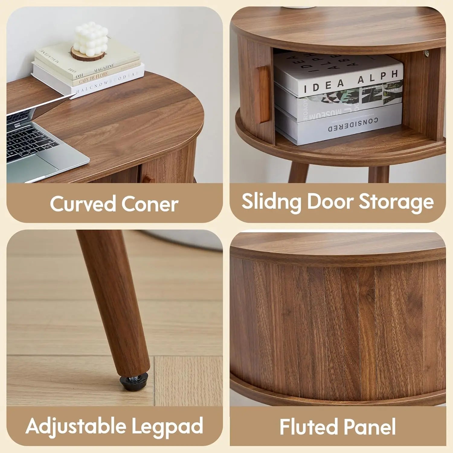 43" Oval Fluted Mid-Century Modern Desk with Tambour Doors