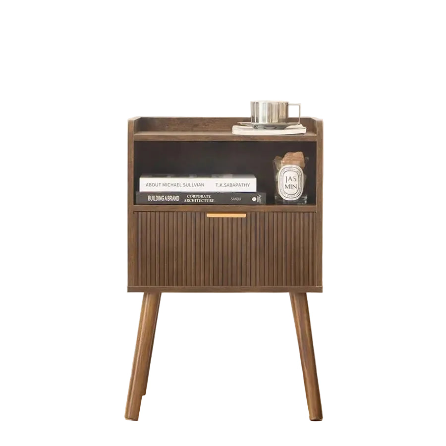 Fluted Walnut Mid‑Century Nightstand with Open Shelf