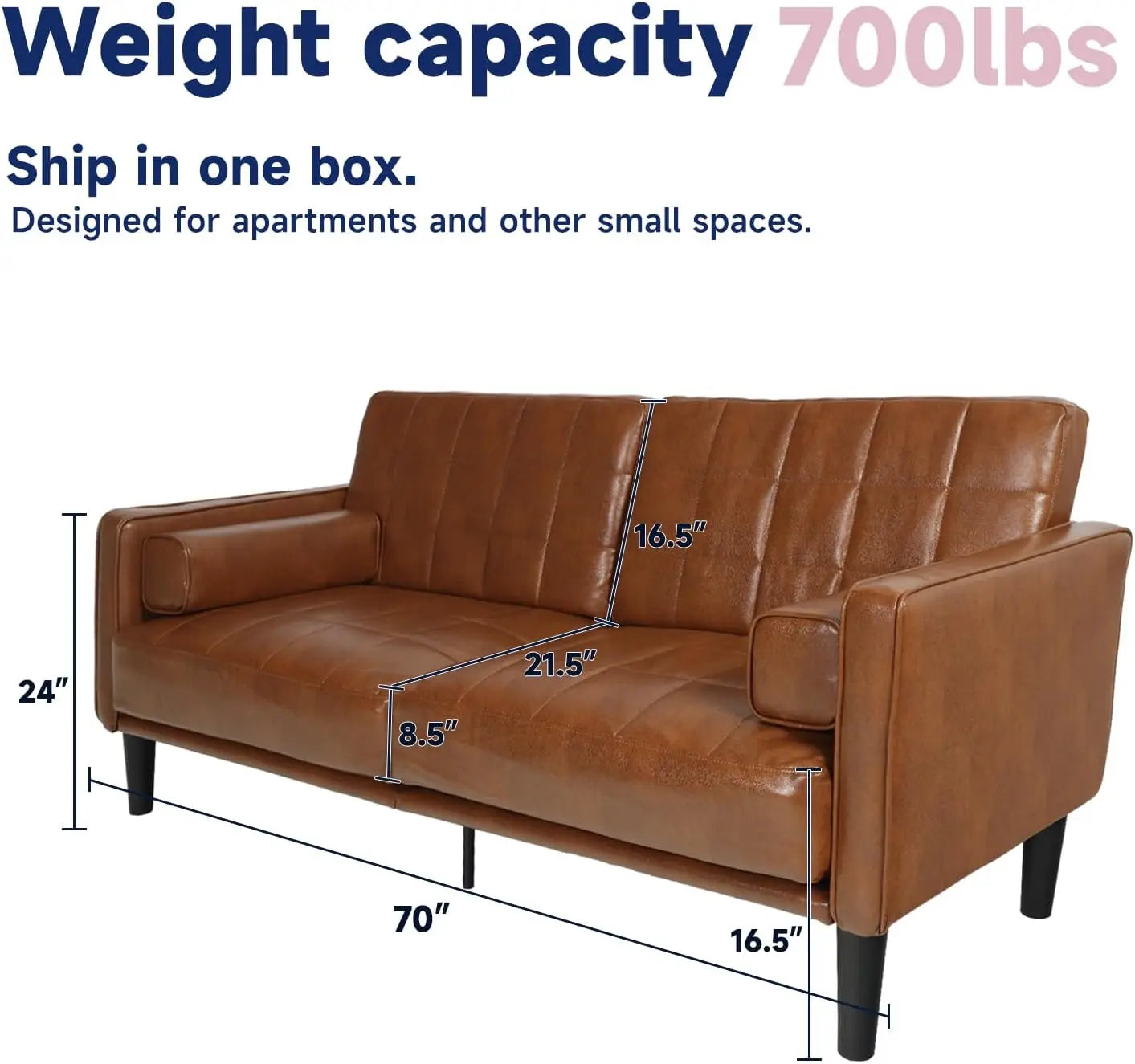 The "Draper" Mid-Century Modern Tufted Sofa | 70" Faux Leather Loveseat | Cognac Brown