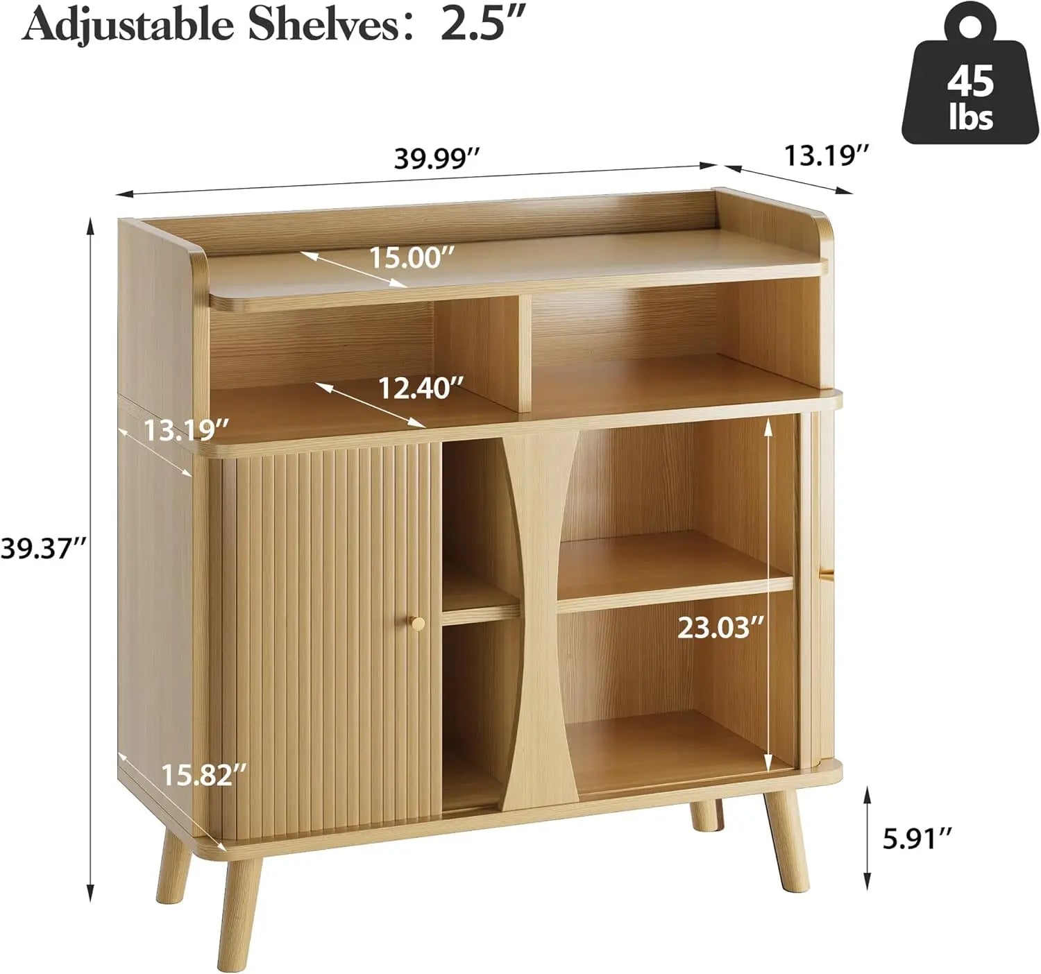 39" Mid‑Century Modern Buffet Sideboard Cabinet with Roller Shutter Sliding Doors & Adjustable Shelves (Oak)