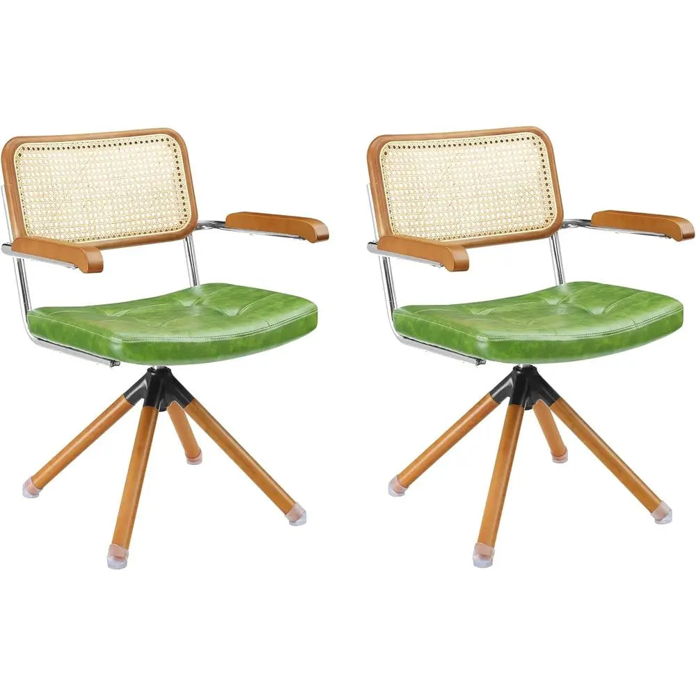 Mid-Century Modern Rattan Swivel Chairs - Set of 2, Green Faux Leather