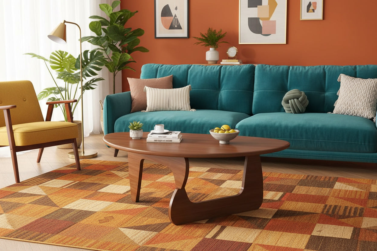 Mid‑Century Modern Triangle Coffee Table – Solid Wood Legs, Sculptural Center Table