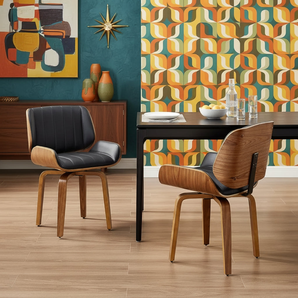 Mid-Century Modern Swivel Desk Chair - Walnut Bentwood & Faux Leather