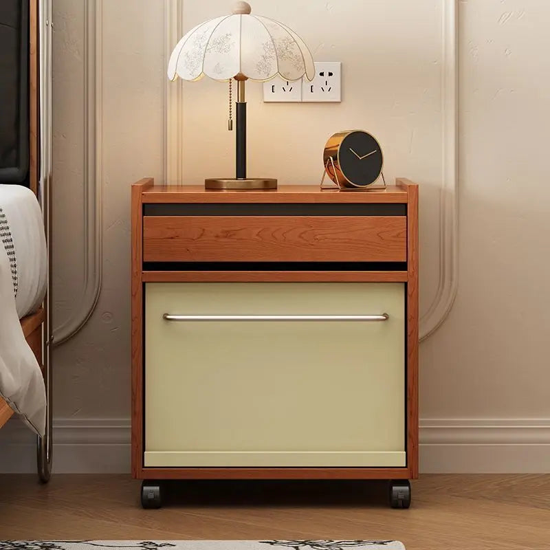 Mid-Century Modern Mobile Nightstand — Solid Wood Bedside Table with Rolling Storage