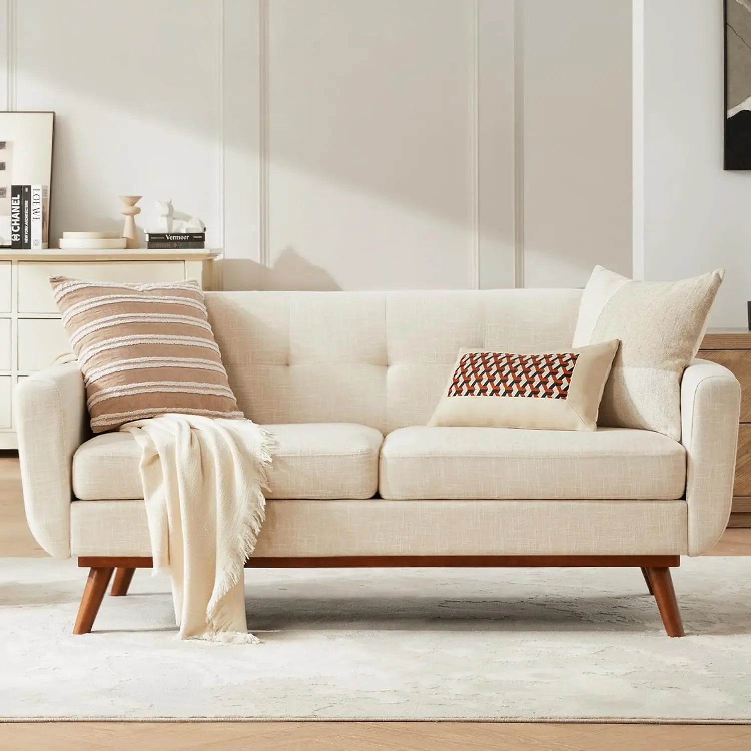 The "Jensen" Wood-Base Loveseat | Scandinavian Mid-Century Sofa | Oatmeal Linen-Weave