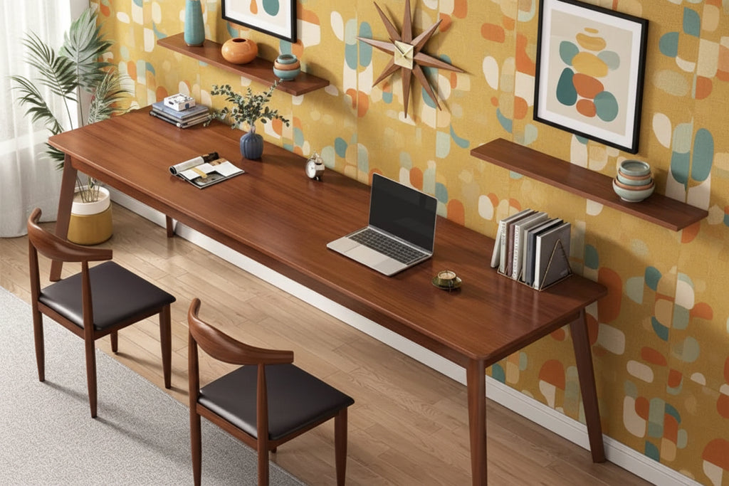 63" Mid-Century Modern Long Desk - Walnut Finish