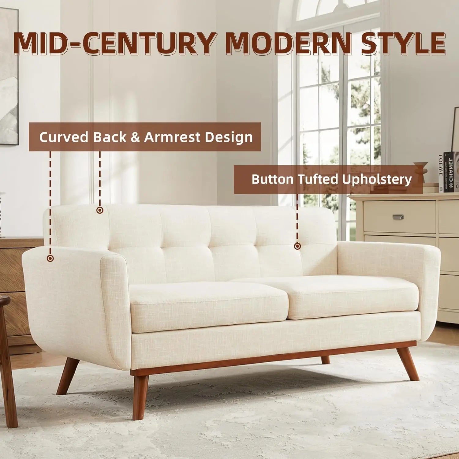 The "Jensen" Wood-Base Loveseat | Scandinavian Mid-Century Sofa | Oatmeal Linen-Weave