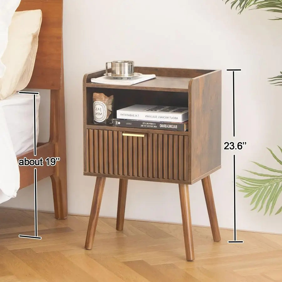 Fluted Walnut Mid‑Century Nightstand with Open Shelf
