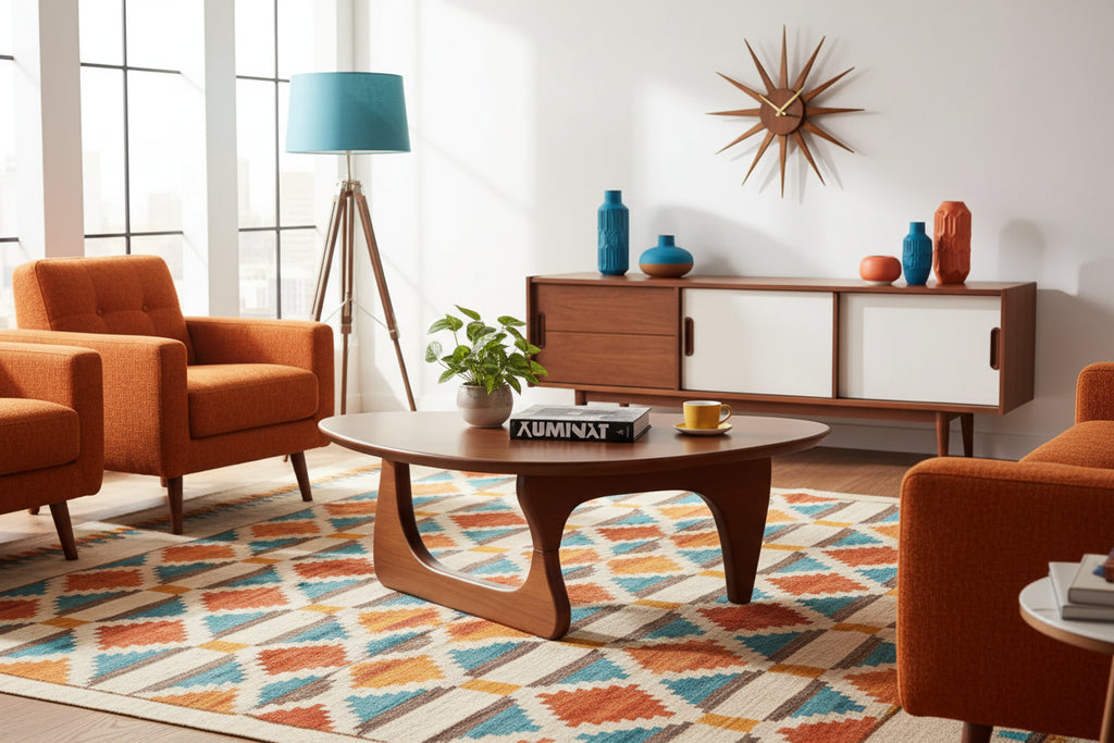 Mid‑Century Modern Triangle Coffee Table – Solid Wood Legs, Sculptural Center Table