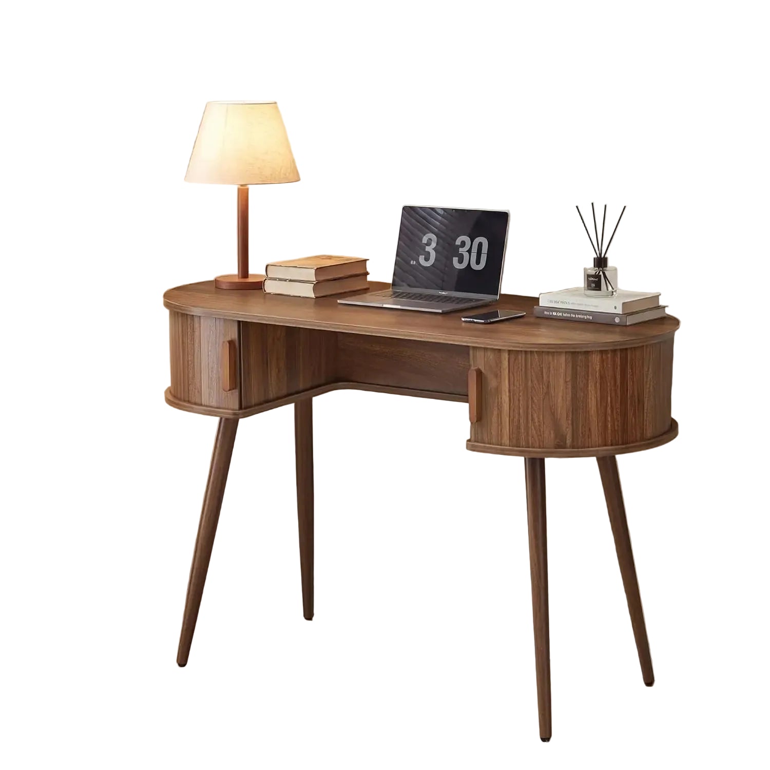 43" Oval Fluted Mid-Century Modern Desk with Tambour Doors