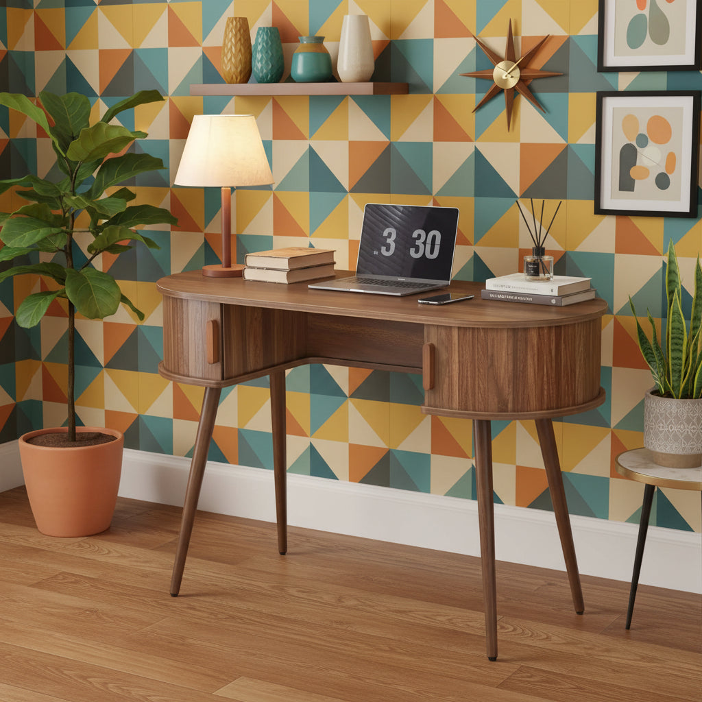 43" Oval Fluted Mid-Century Modern Desk with Tambour Doors