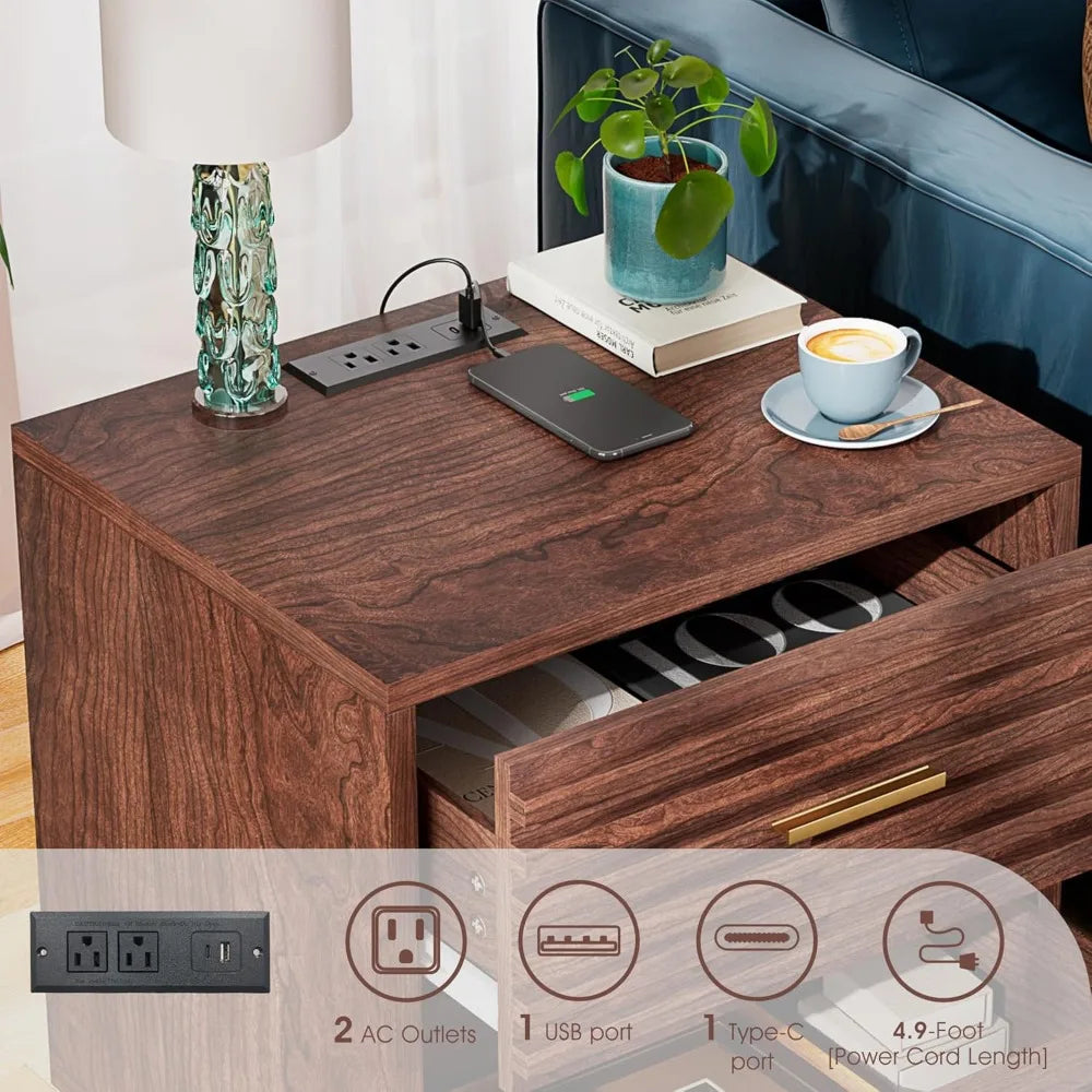 Night Stand with Charging Station Set of 2, Side Table with 2 Drawers, Mid Century Modern End Table with Storage, Bedside Table