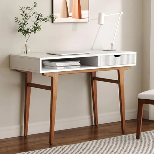 White Computer Desk with Drawers – Mid Century Modern Boho Style