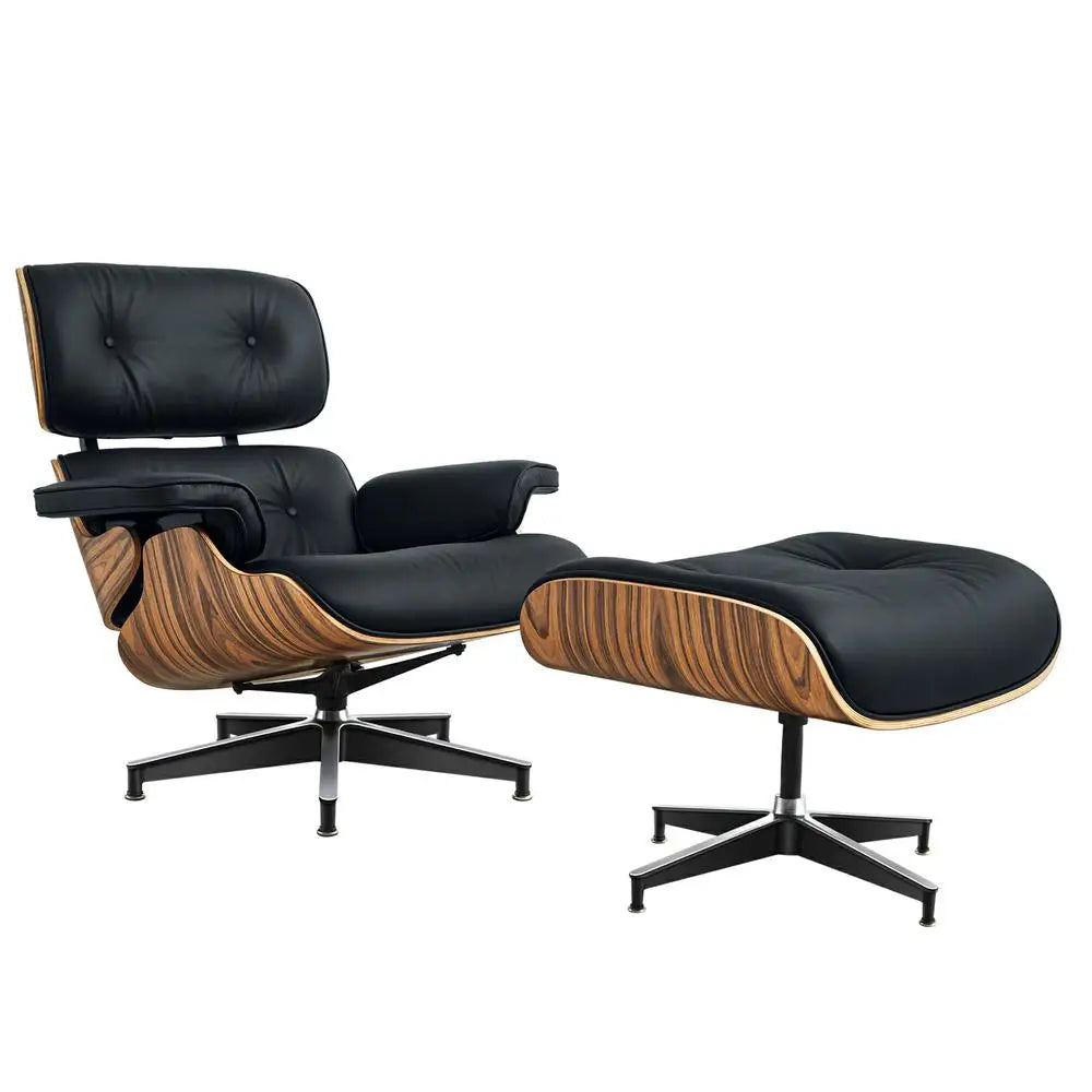 Mid-Century Icon: Palisander Black Leather Lounge Chair & Ottoman