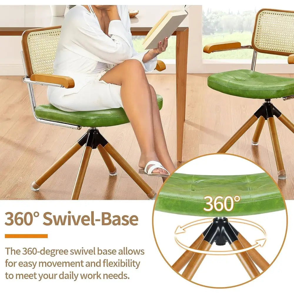 Mid-Century Modern Rattan Swivel Chairs - Set of 2, Green Faux Leather