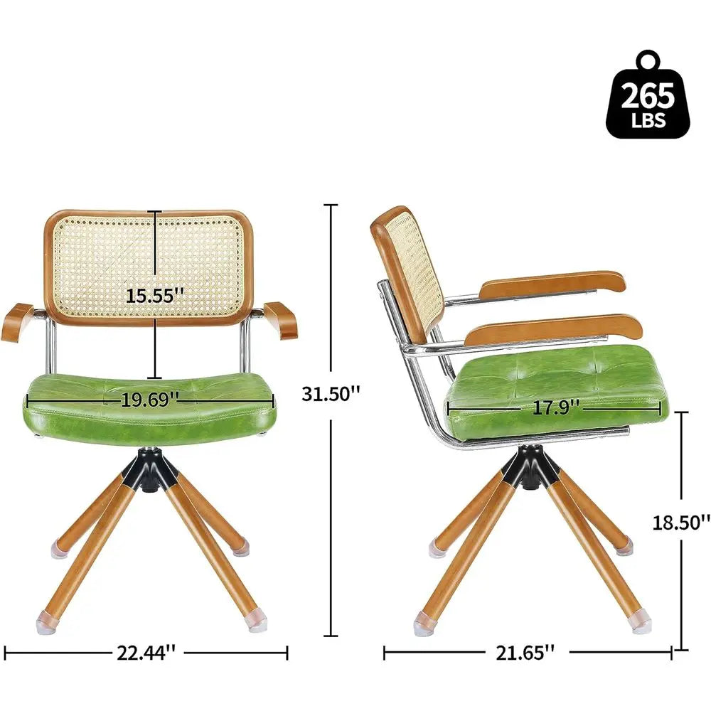 Mid-Century Modern Rattan Swivel Chairs - Set of 2, Green Faux Leather