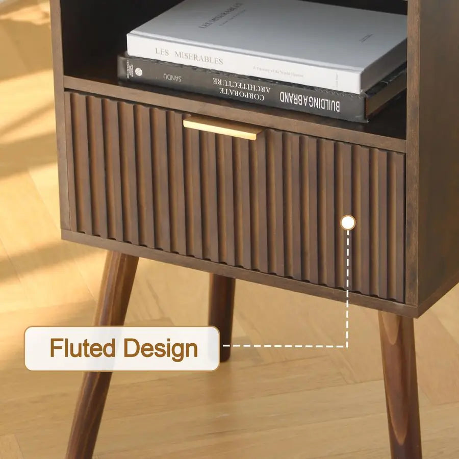 Fluted Walnut Mid‑Century Nightstand with Open Shelf