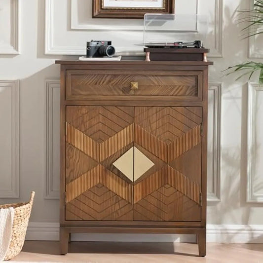 Mid-Century Modern Accent Cabinet with Drawer and Doors – Geometric Inlay Sideboard