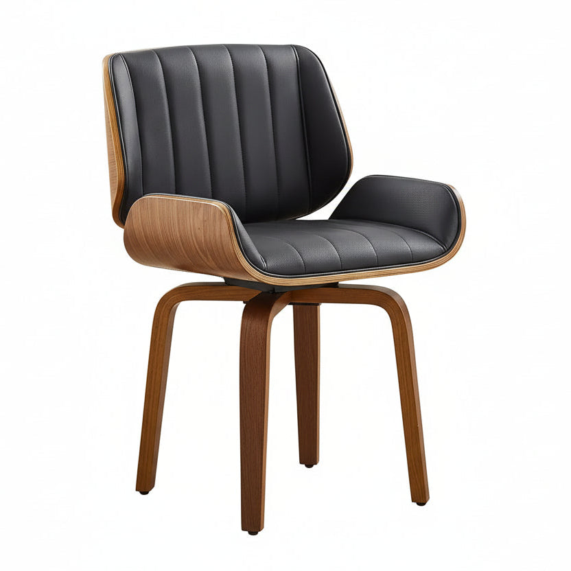Mid-Century Modern Swivel Desk Chair - Walnut Bentwood & Faux Leather