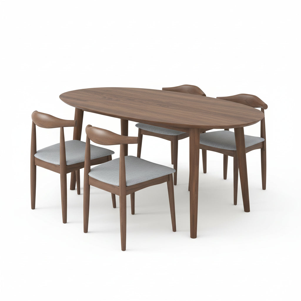 Mid‑Century Modern Solid Wood Walnut Oval Dining Table with 4 Side Chairs
