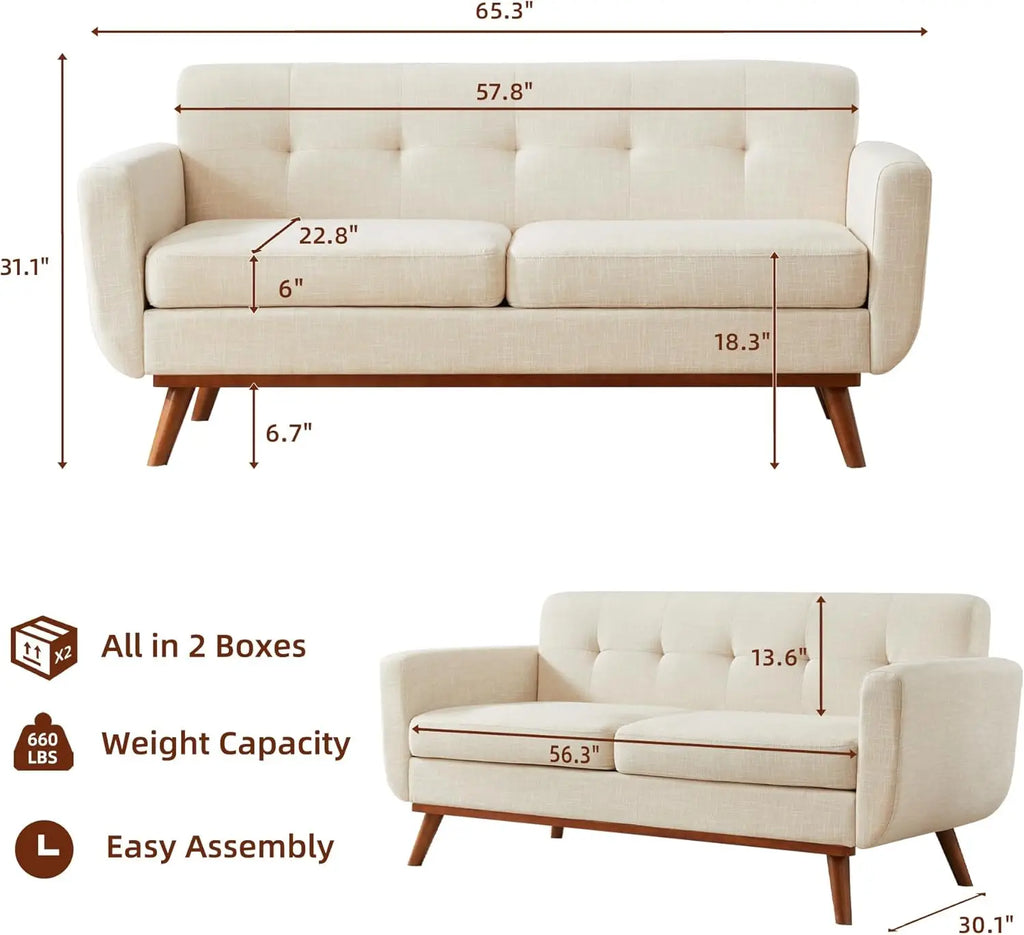 The "Jensen" Wood-Base Loveseat | Scandinavian Mid-Century Sofa | Oatmeal Linen-Weave