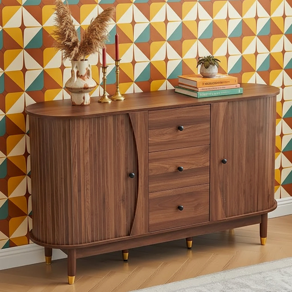 55" Mid‑Century Modern Curved Sideboard Buffet Cabinet with Drawers and Storage