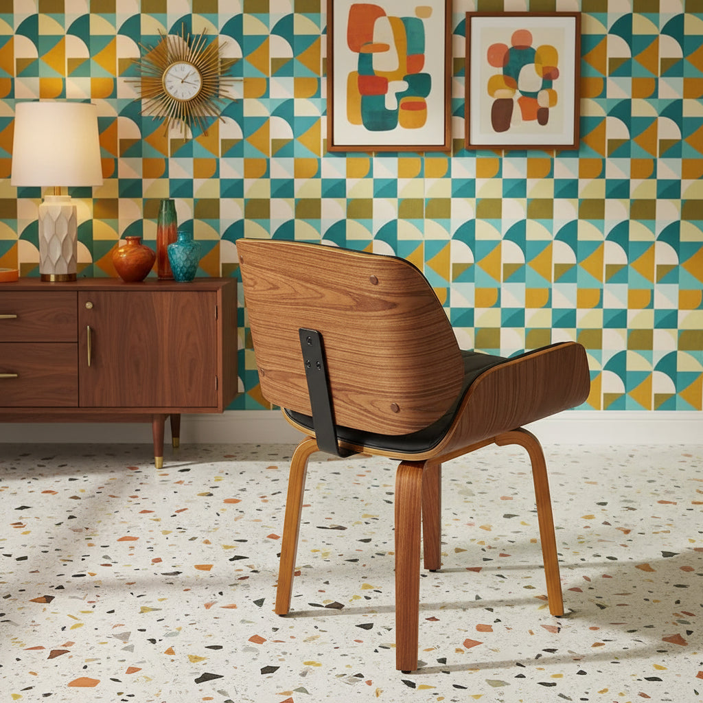 Mid-Century Modern Swivel Desk Chair - Walnut Bentwood & Faux Leather