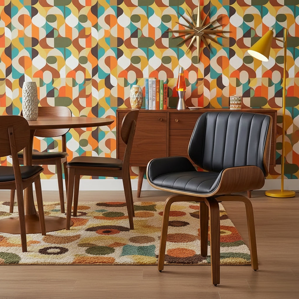 Mid-Century Modern Swivel Desk Chair - Walnut Bentwood & Faux Leather