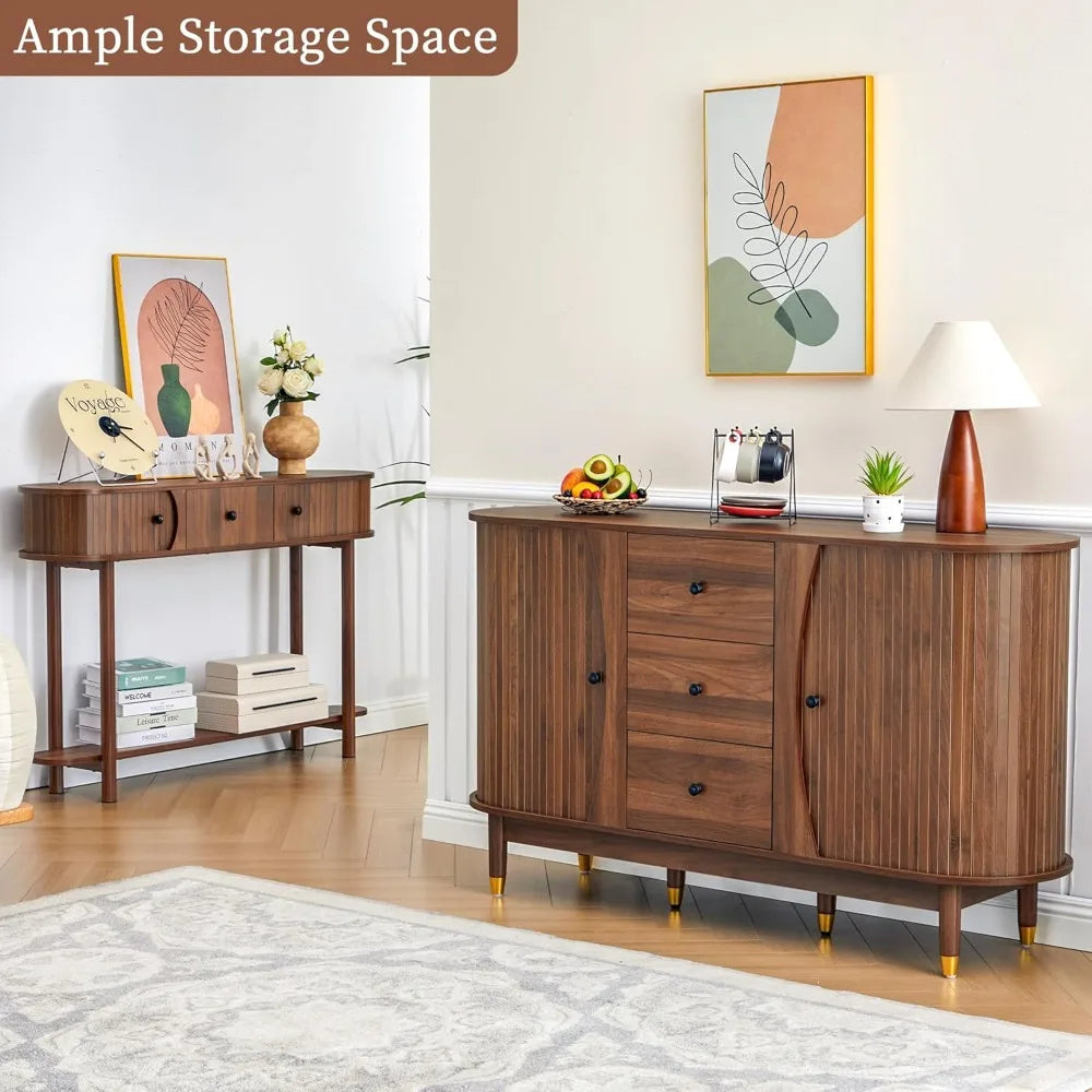 55" Mid‑Century Modern Curved Sideboard Buffet Cabinet with Drawers and Storage